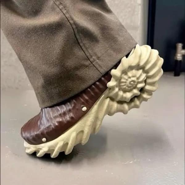 Brown shoe designed to look like a prehistoric ammonite fossil shell on foot.