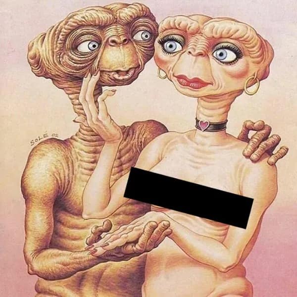 Bizarre artwork of ET character with a female alien companion posing romantically.