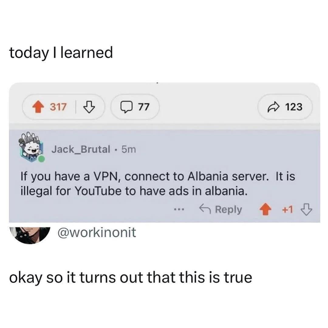 Reddit thread explaining how connecting VPN to Albania removes YouTube ads legally.