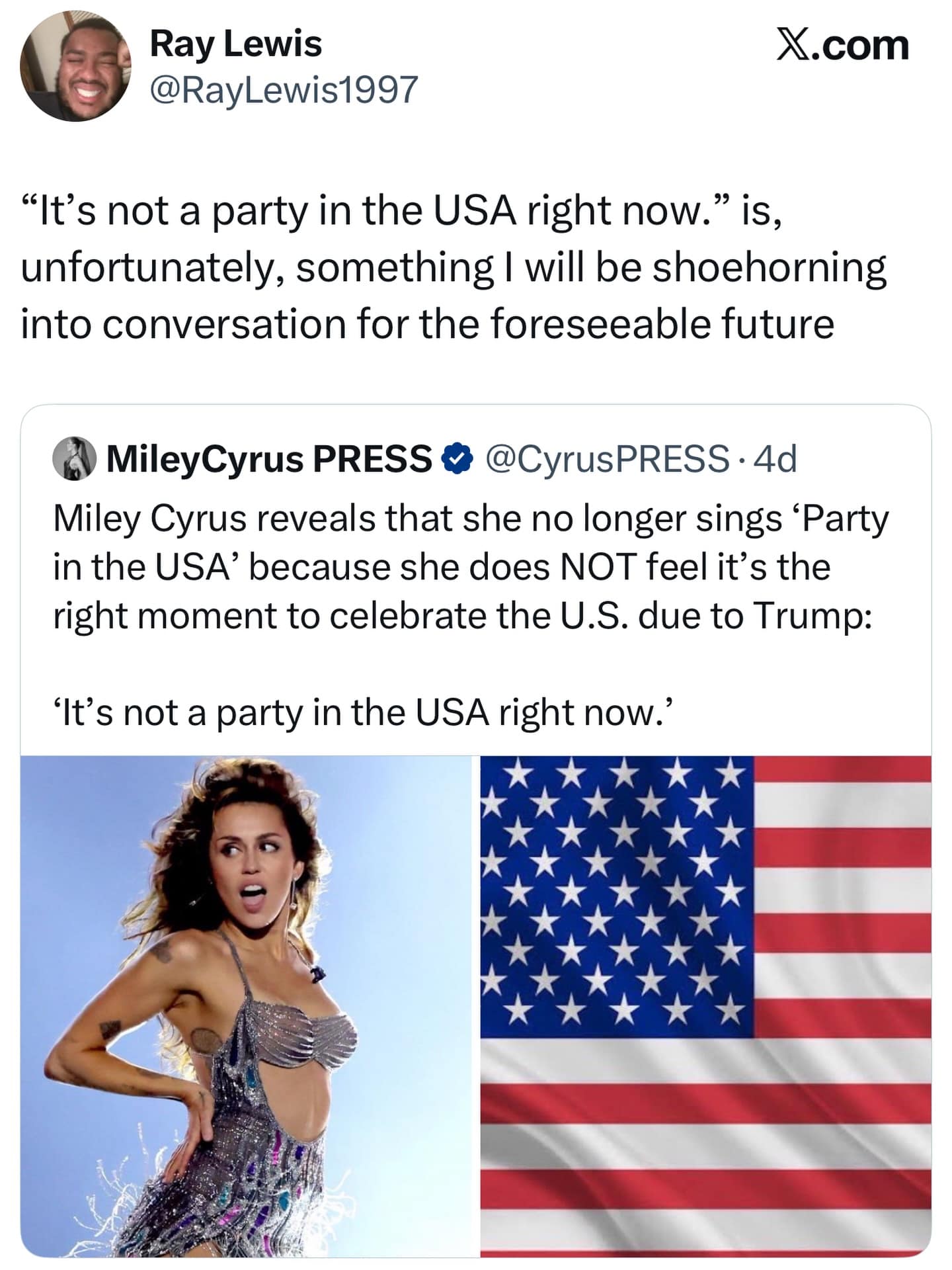 Tweet joking about shoehorning the phrase it's not a party in the USA into conversation.