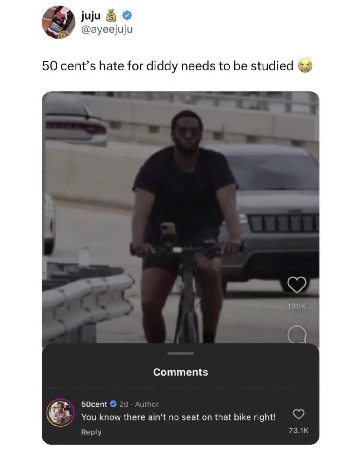50 Cent Instagram comment mocking photo of Diddy riding a bicycle.