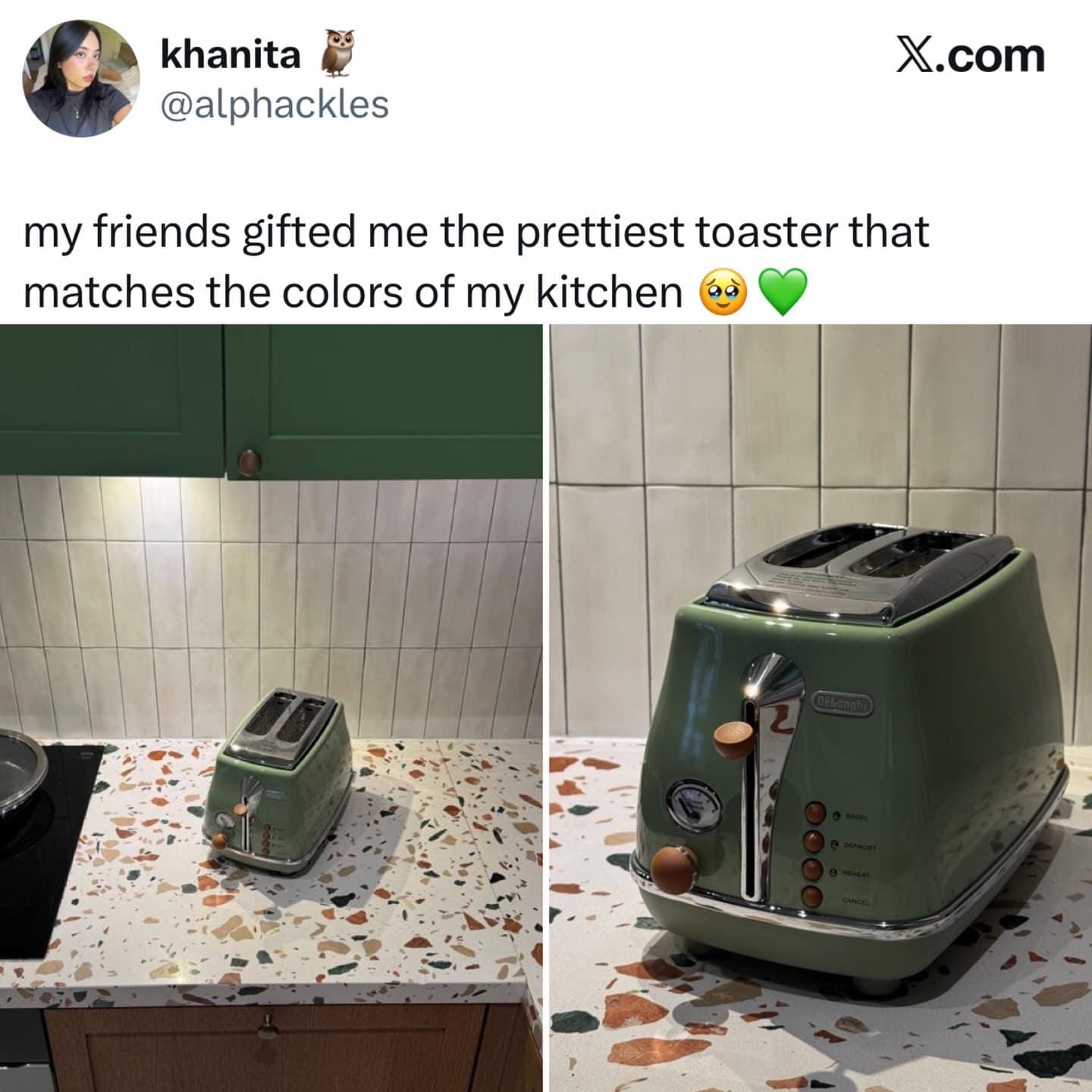 Sage green DeLonghi toaster perfectly matching the green kitchen cabinets behind it.