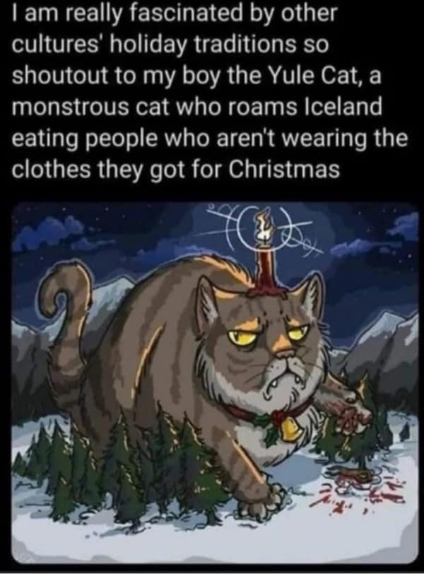 Illustration of the Icelandic Yule Cat monster destroying a snowy village.