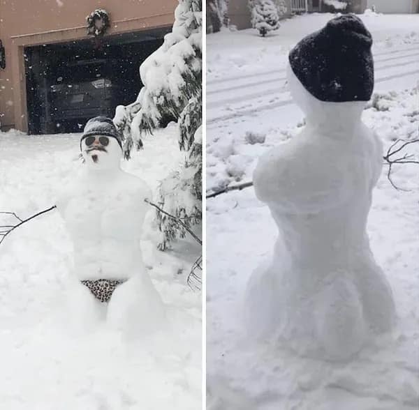 Snowman sculpted with muscular chest and abs wearing leopard print thong.