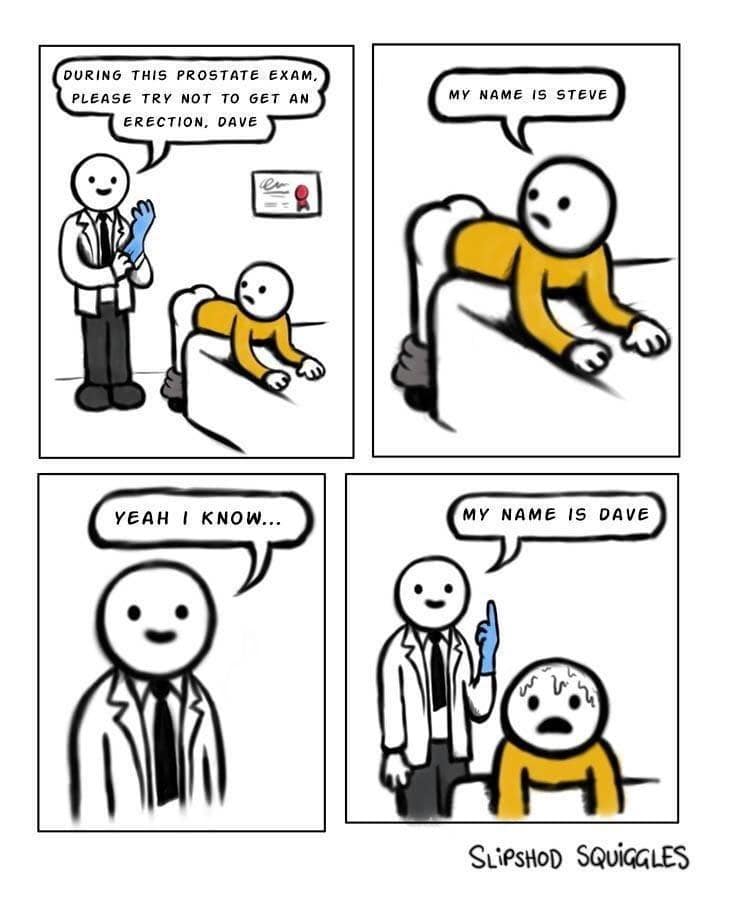 Comic strip doctor giving himself pep talk during prostate exam funny pics.