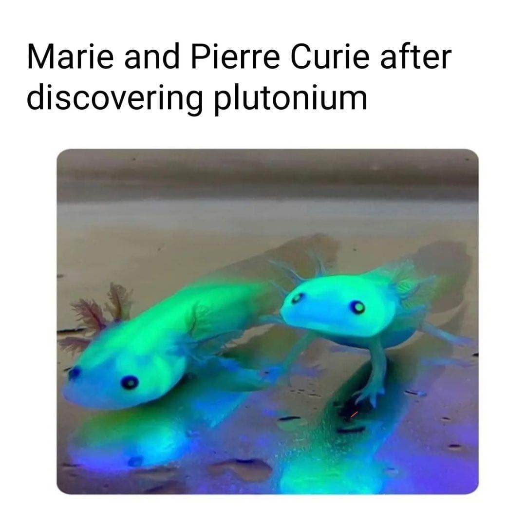 Two glowing green and blue axolotls caption about Marie and Pierre Curie.