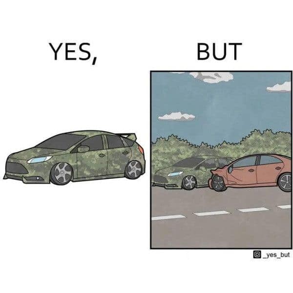 This funny pic uses the "Yes, But" comic format to show a car crash drawing.