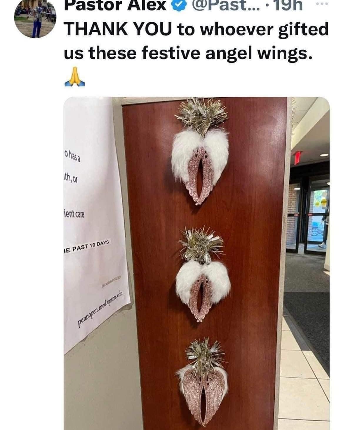Festive angel wing decorations on door that unintentionally resemble female anatomy.