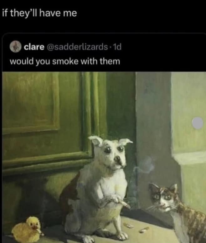 Painting of dog and chick smoking cigarettes together funny pics.
