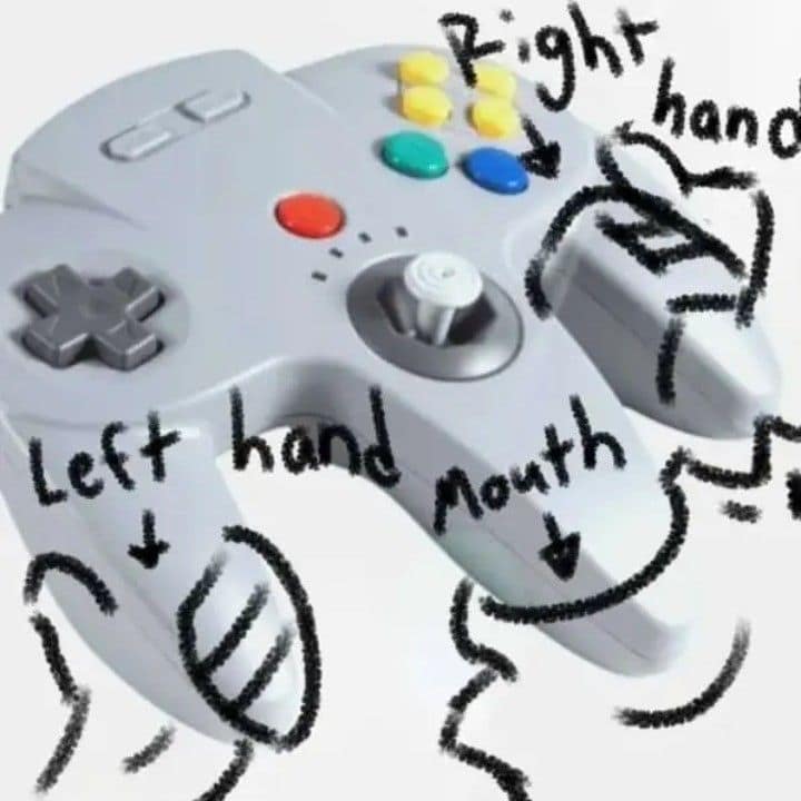 A funny pic illustrating the chaos of holding a Nintendo 64 controller.