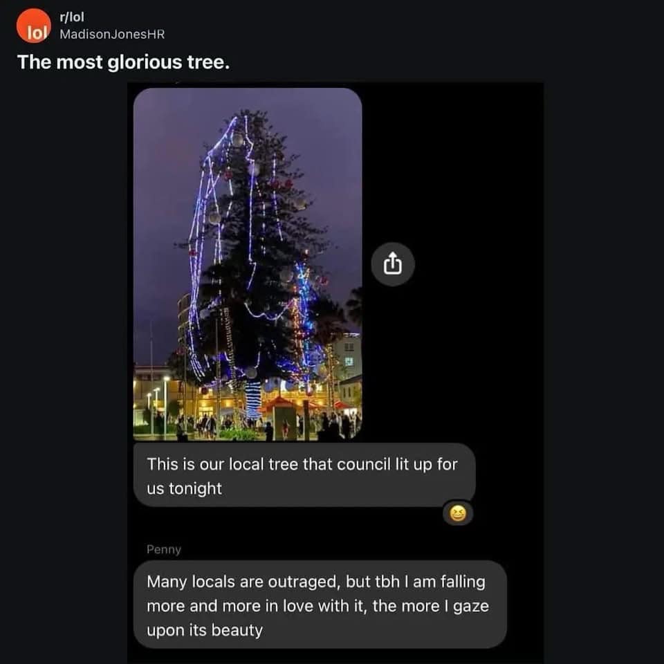 A funny pic of a community Christmas tree covered in haphazard blue lights.