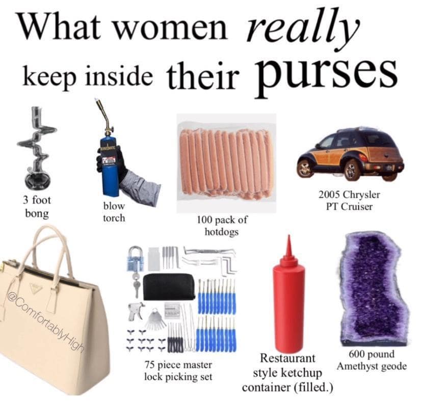 A funny pic showing a starter pack of chaotic items found in women's purses.