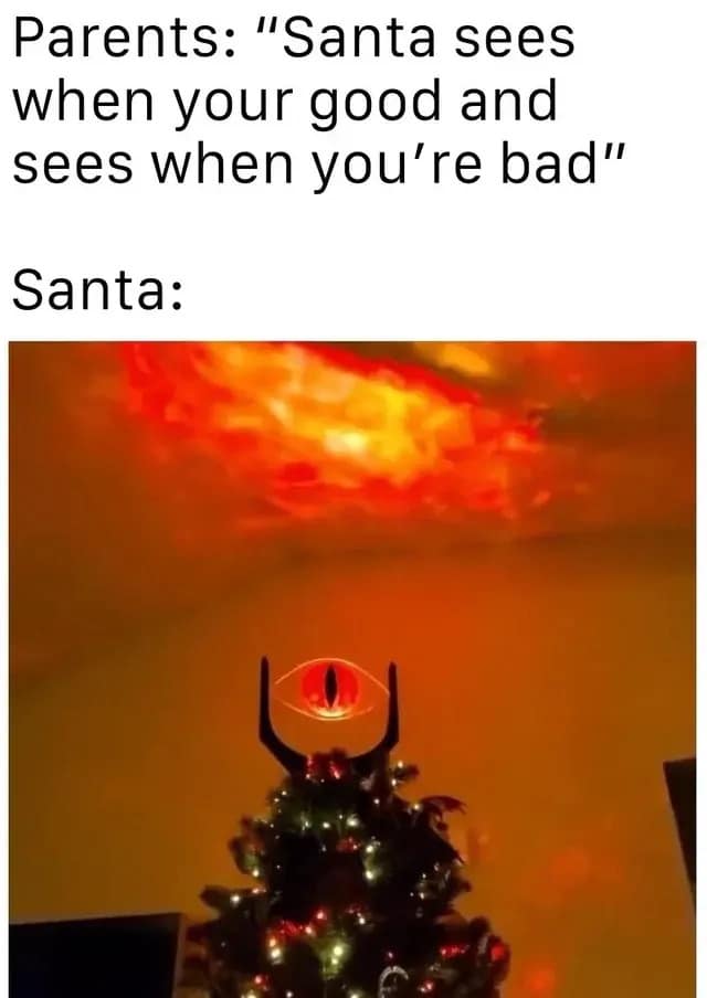 A funny pic of a Christmas tree topped with the Eye of Sauron from Lord of the Rings.