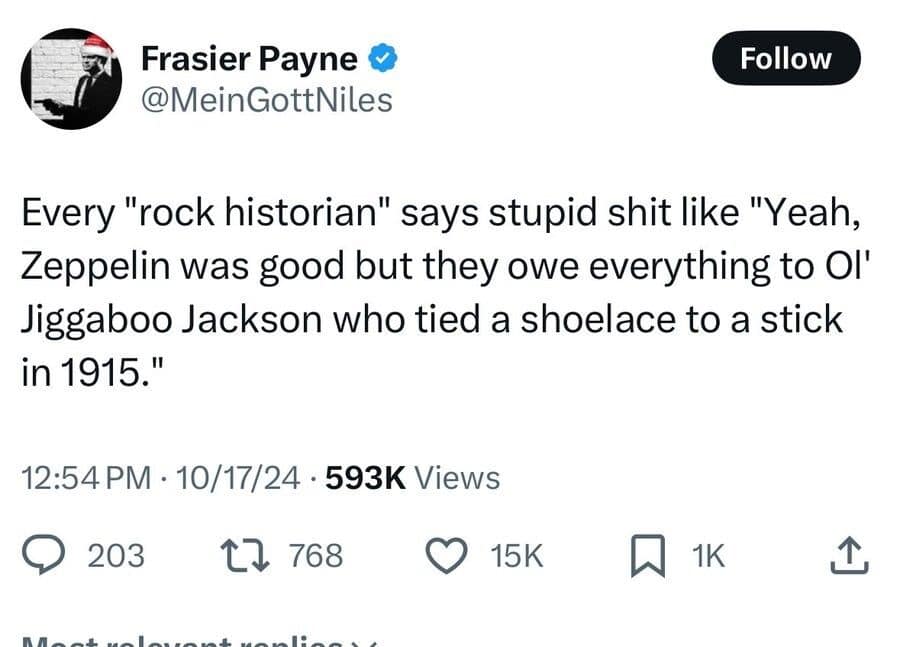 A funny pic of a tweet criticizing rock historians about Led Zeppelin.