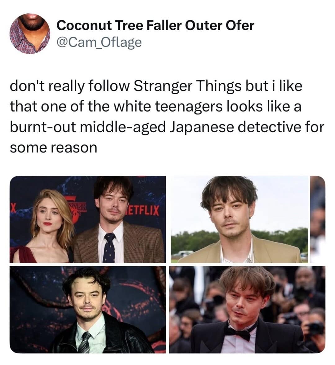 A funny pic comparing Charlie Heaton from Stranger Things to a Japanese detective