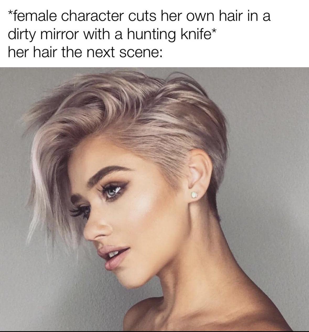 A funny pic comparing a movie haircut with a hunting knife to reality.