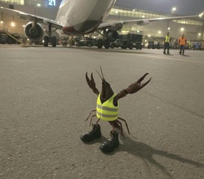 Small crayfish wearing a yellow safety vest and boots standing on asphalt.