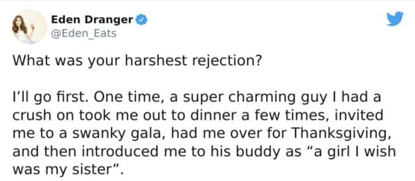Tweet describing a woman being friend-zoned by a crush who introduced her as a sister.