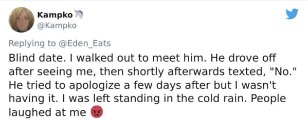 Tweet describing a blind date driving away immediately upon seeing the woman in the rain.