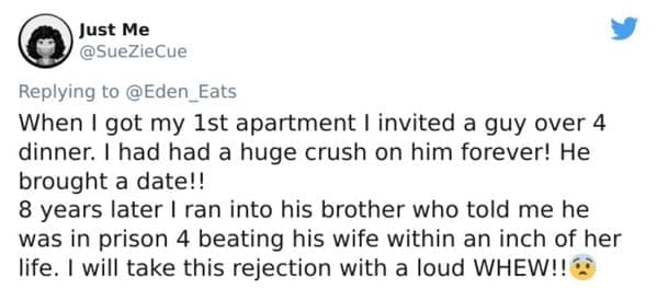 Tweet about a crush bringing a date to dinner, later revealing a dodged bullet situation.