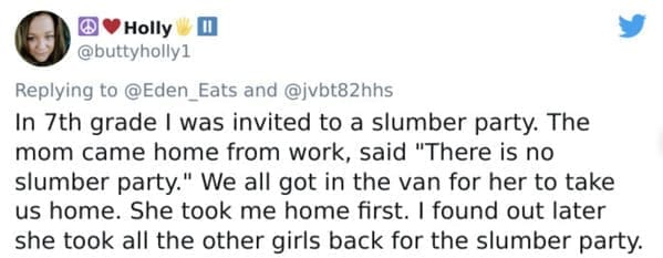 Tweet about a girl being tricked by a mom into leaving a slumber party early.
