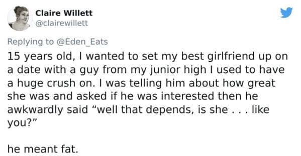 Tweet about a teenage girl getting insulted about her weight by her crush while matchmaking.