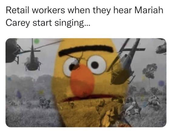 This funny retail meme depicts Bert from Sesame Street having a flashback when Christmas music starts