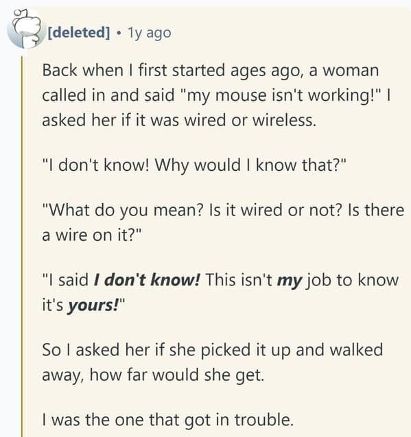 A funny tech support stories post about a user not knowing if their mouse has a wire