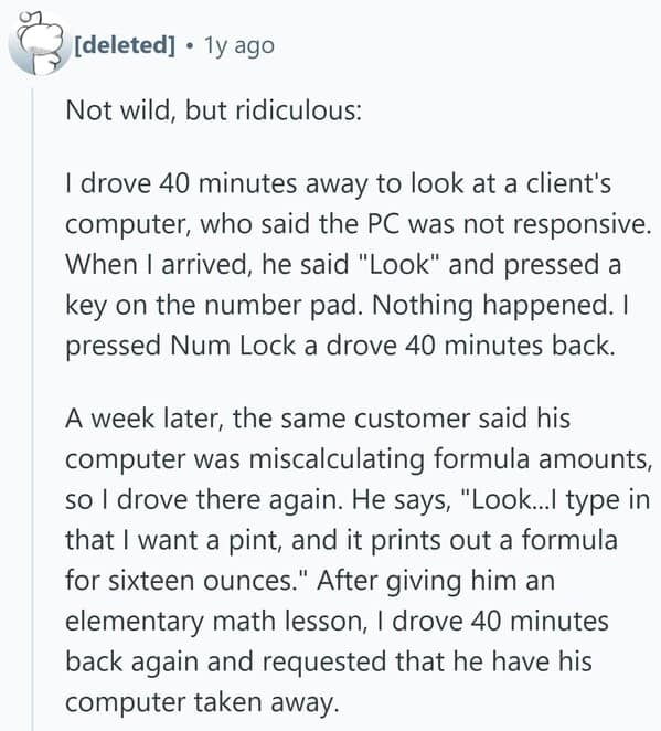 A funny tech support stories post about Num Lock and elementary math errors.