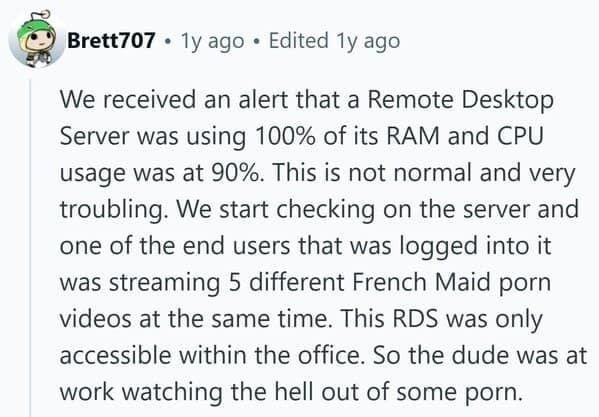 A funny tech support stories post about a server crash caused by streaming adult content