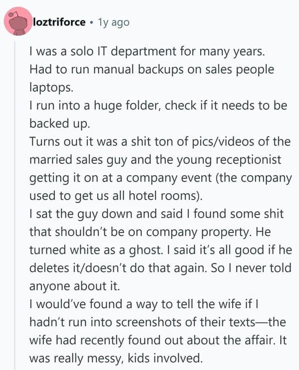 A funny tech support stories post about finding evidence of an affair during a laptop backup