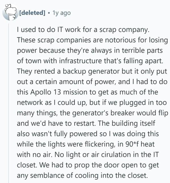 A funny tech support stories post about fixing a network in a hot closet at a scrap company.