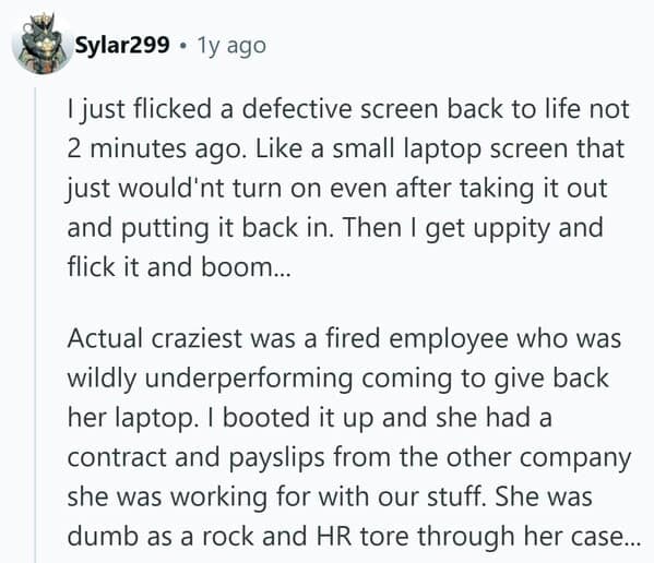 A funny tech support stories post about fixing a laptop screen by flicking it.