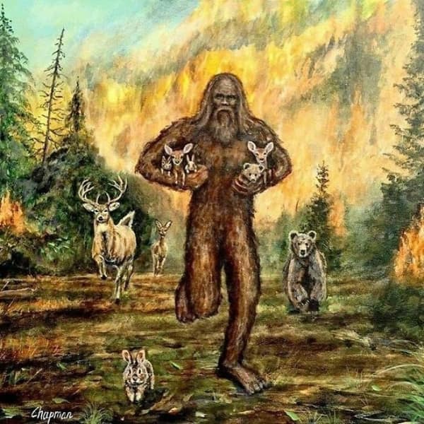A funny thrift store find painting of Bigfoot holding baby deer and leading animals through the woods.