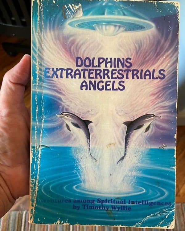 A funny thrift store find book titled Dolphins Extraterrestrials Angels.
