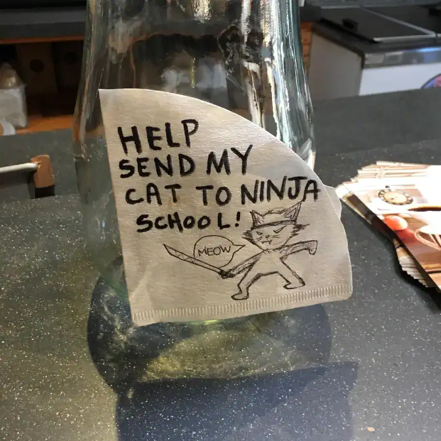 A funny tip jar with a hand-drawn cat asking for money for ninja school.