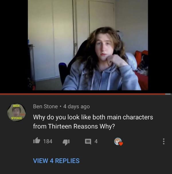 A funny youtube comment comparing a guy to both main characters of 13 Reasons Why.