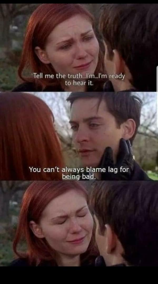 This gamer meme uses Spider-Man and Mary Jane to drop a hard truth about blaming lag for bad skills