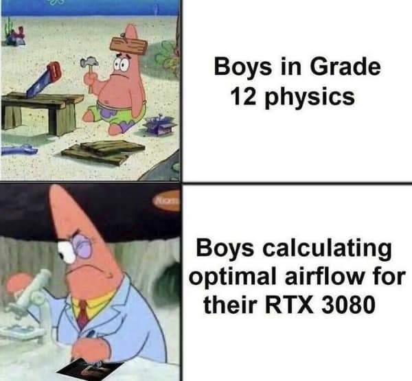 A gamer meme comparing high school physics class to the complexity of PC airflow calculations.