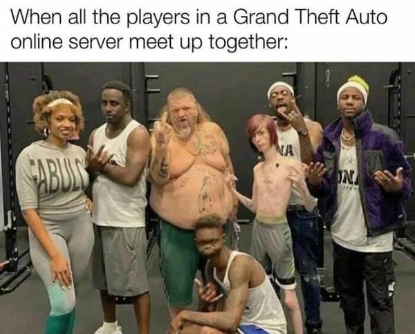 In this gamer meme, a group of eccentric looking people represents a GTA Online lobby meeting up.