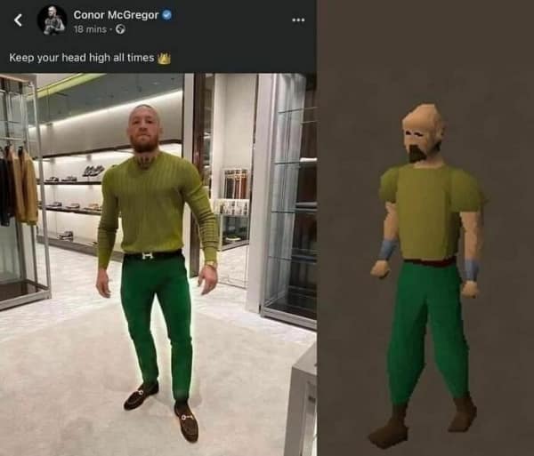 A gamer meme comparing Conor McGregor's outfit to a default RuneScape bot character.