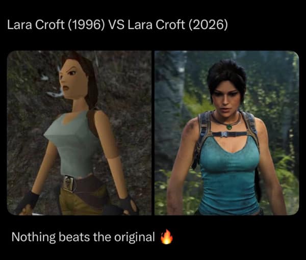 A gaming meme comparing the 1996 polygon Lara Croft to a modern realistic version.