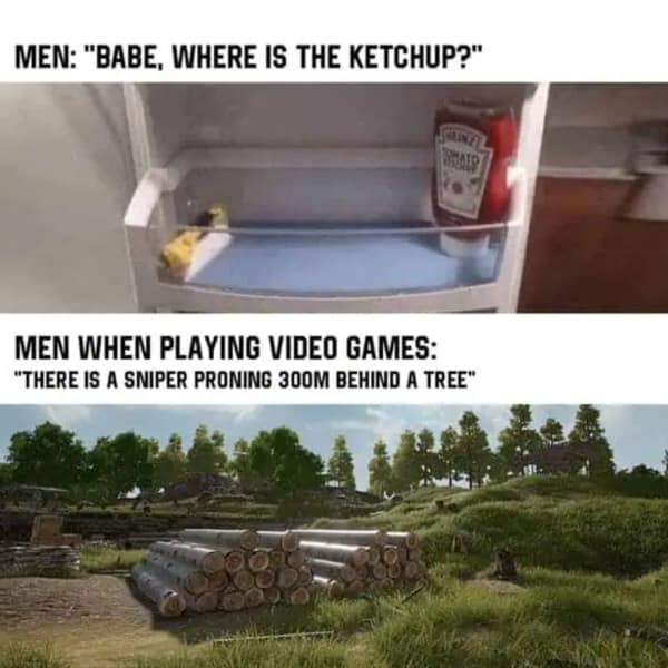A gaming meme comparing a man's inability to find ketchup to spotting a sniper in a game