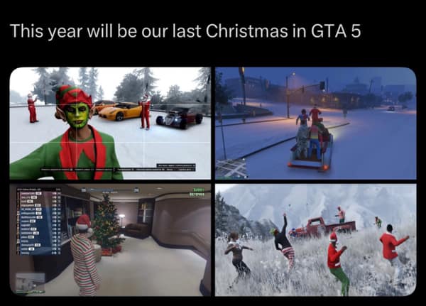 A gamer meme showing GTA 5 characters celebrating the last Christmas before GTA 6.