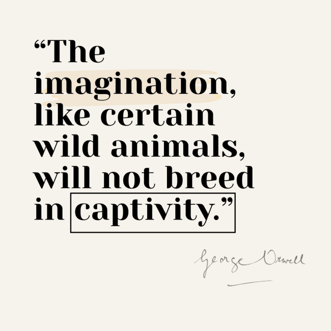 A George Orwell quote comparing imagination to wild animals that will not breed in captivity.