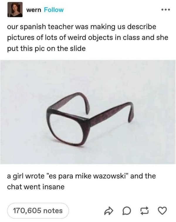 Spanish class slide featuring single lens glasses for Mike Wazowski glasses memes.