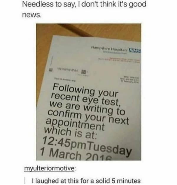 Letter from NHS confirming eye appointment written in giant font size glasses memes.