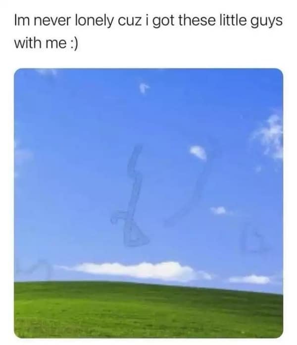 Blue sky with squiggly lines representing eye floaters looking like worms glasses memes.We all have those little transparent worm friends floating in our vision, and this meme validates that you aren't the only one seeing things in these relatable glasses memes.