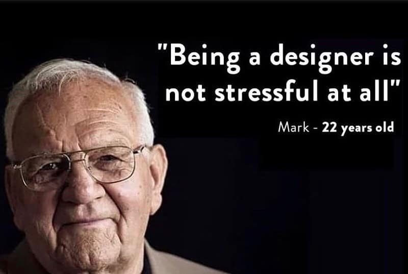 A graphic designer meme showing an elderly man claiming to be a 22-year-old designer.