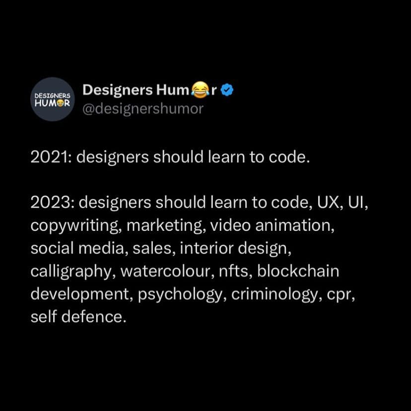 A graphic design meme tweet listing absurd job requirements for designers like criminology and self-defense.